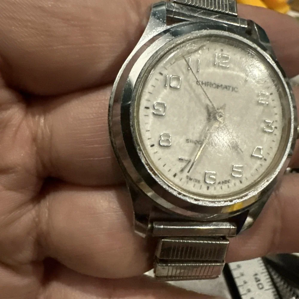 Vintage CHOROMATIC SWISS WATCH 1960s Silver Tone Mens Watch 33mm- Broken Crown